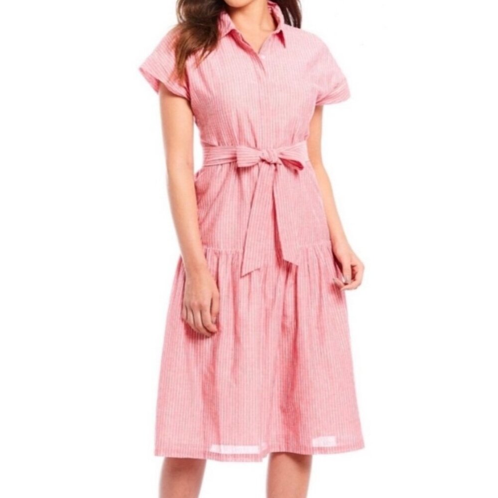 Cremieux Midi A Line Shirt Dress XS Pink Red Cream Pinstripe Cotton $139 NWT